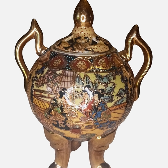 Antique Chinese Tripod Incense Burner Hand Painted Porcelain Gold Gilded Vase - Picture 4 of 14